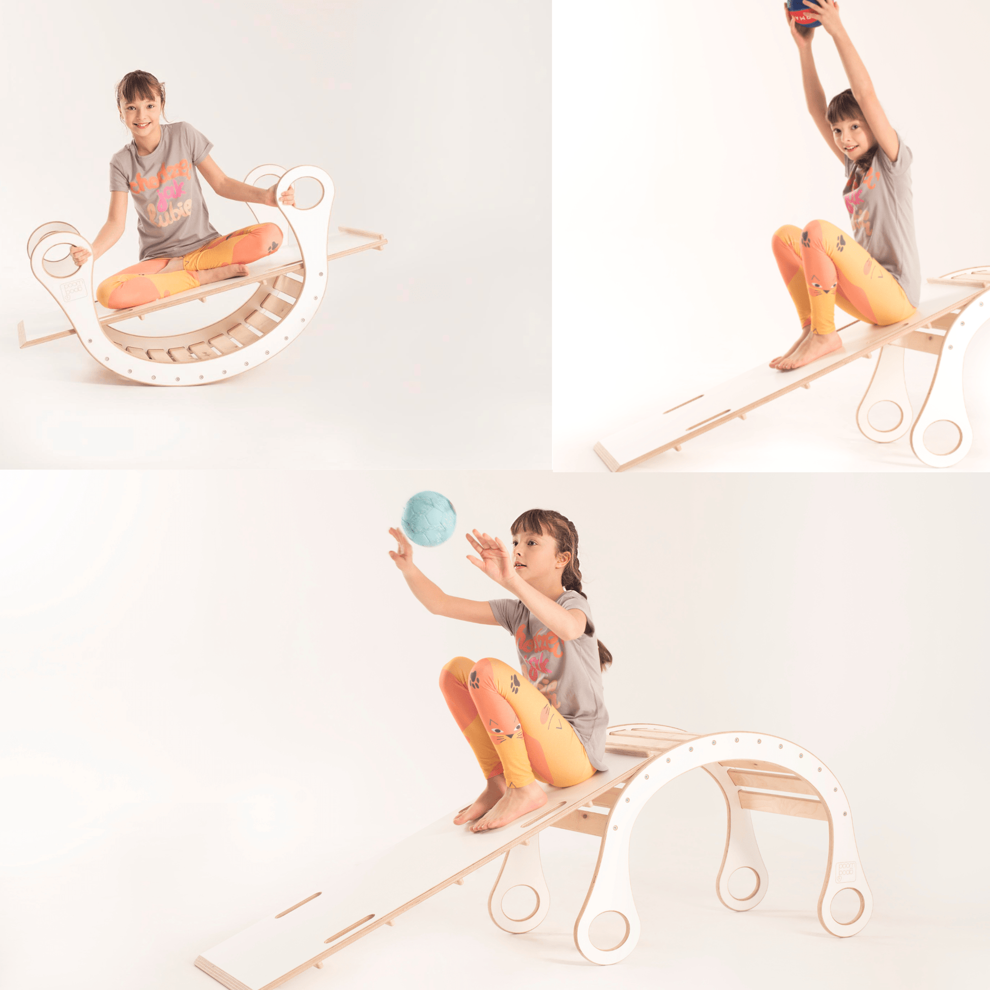 girl sitting and playng ball on good wood rocker in white 